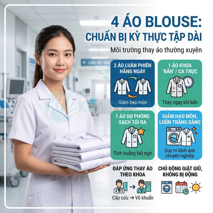 Nữ sinh y khoa mặc áo blouse trắng cầm chồng áo blouse sạch trong hành lang bệnh viện