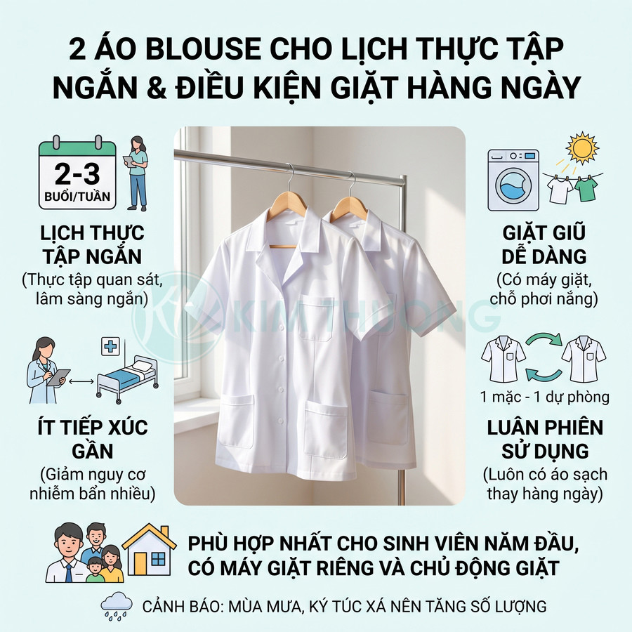 Hai áo blouse trắng treo trên móc gỗ cạnh cửa sổ, gợi ý dùng luân phiên cho sinh viên y thực tập