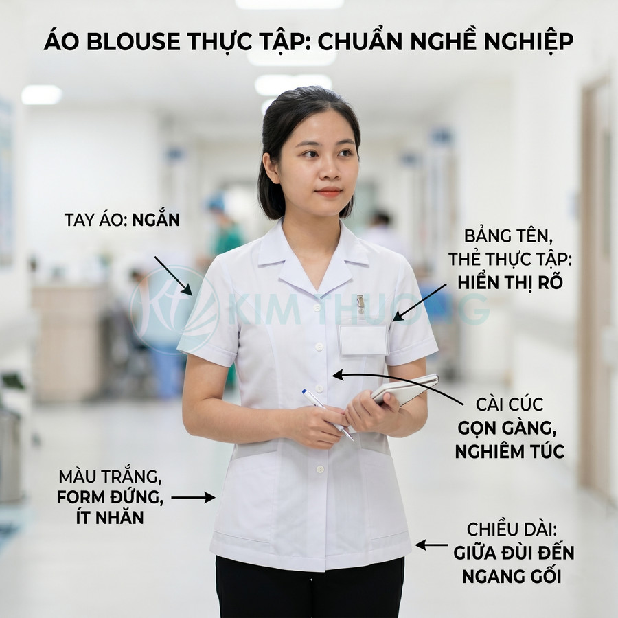 Nữ sinh thực tập mặc áo blouse trắng tay ngắn form đứng, cài cúc gọn gàng trong bệnh viện