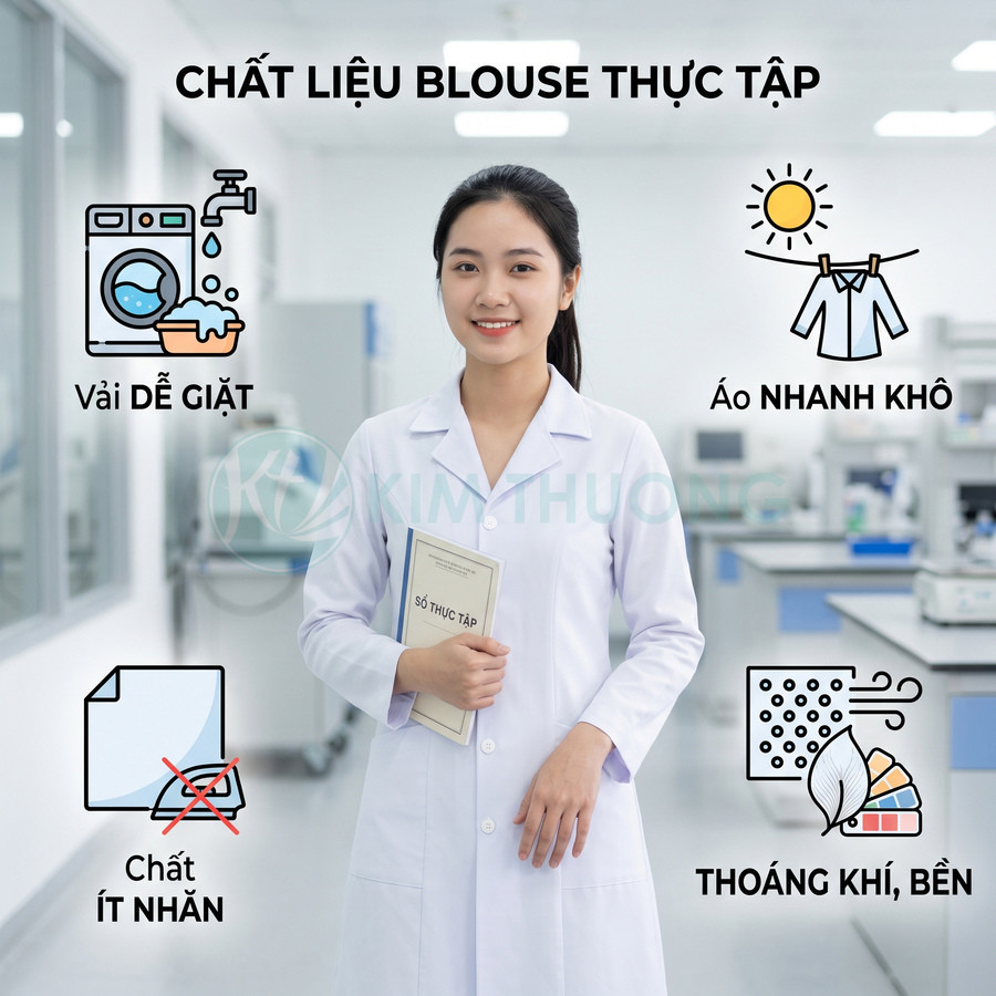 Nữ sinh mặc áo blouse thực tập màu trắng, cầm sổ trong phòng thí nghiệm, giới thiệu ưu điểm chất liệu áo