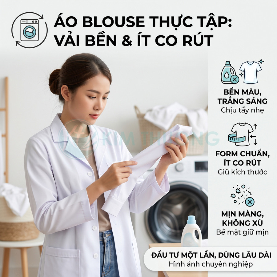 Áo blouse thực tập màu trắng vải bền ít co rút, nữ sinh y đang kiểm tra tay áo trong phòng giặt