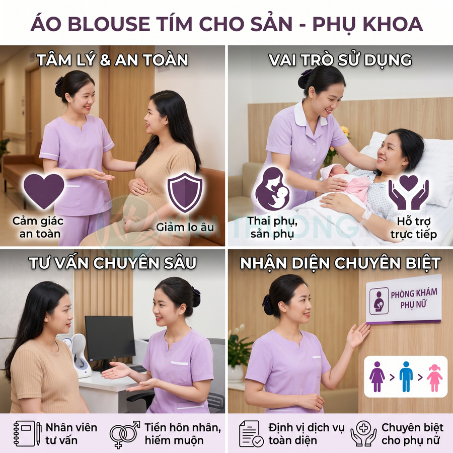 Nhân viên y tế mặc áo blouse tím tư vấn và chăm sóc thai phụ tại phòng khám phụ khoa