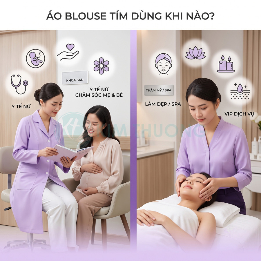 Áo blouse tím cho nữ y tá, điều dưỡng và kỹ thuật viên spa chăm sóc mẹ bầu và khách hàng làm đẹp
