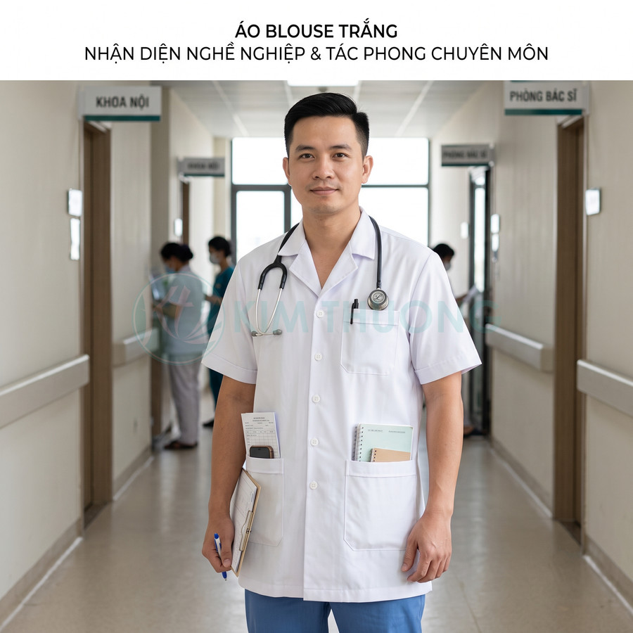 Áo blouse trắng bác sĩ nam tay ngắn có túi lớn và ống nghe trong hành lang bệnh viện