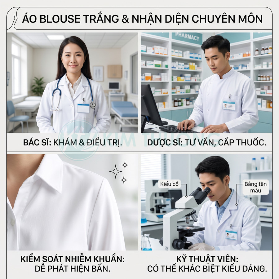 Áo blouse trắng cho bác sĩ, dược sĩ, kỹ thuật viên y tế với bảng tên và kiểu cổ chuyên nghiệp trong bệnh viện