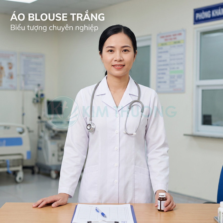 Bác sĩ mặc áo blouse trắng chuyên nghiệp đứng trong phòng khám cầm lọ thuốc