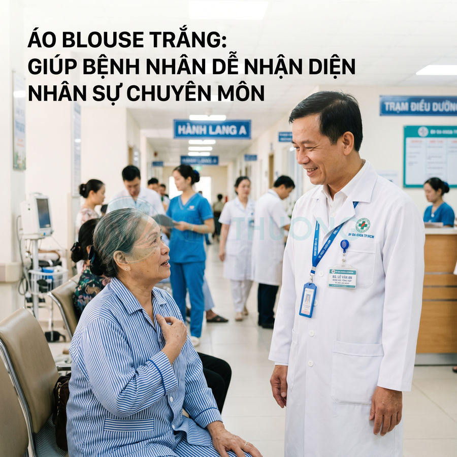 Bác sĩ mặc áo blouse trắng tư vấn cho bệnh nhân lớn tuổi tại hành lang bệnh viện