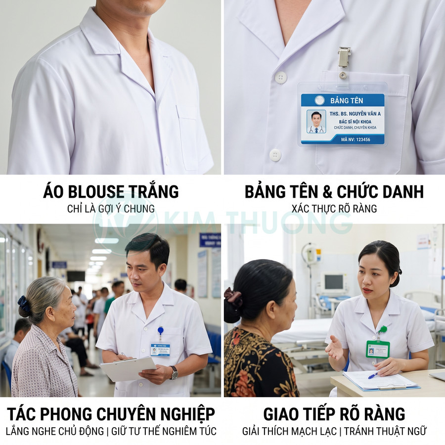 Bác sĩ mặc áo blouse trắng đeo bảng tên tư vấn và trao đổi rõ ràng với bệnh nhân trong bệnh viện