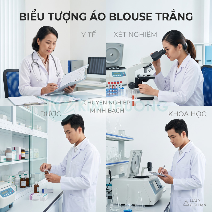 Áo blouse trắng cho bác sĩ và kỹ thuật viên phòng thí nghiệm trong môi trường y tế và dược phẩm