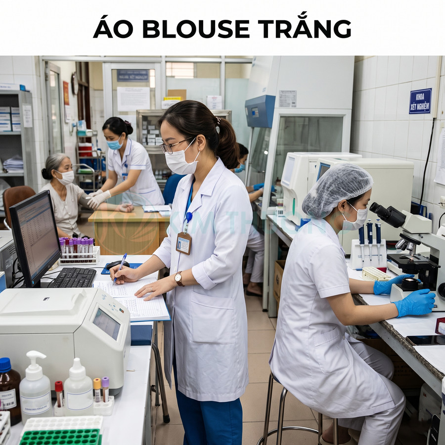 Áo blouse trắng cho nhân viên y tế trong phòng xét nghiệm bệnh viện