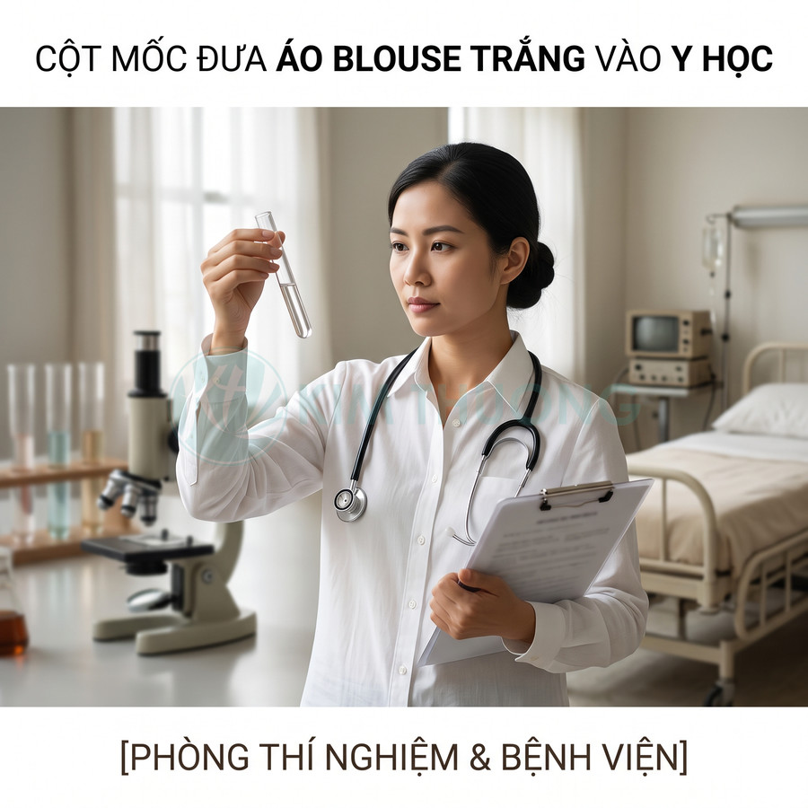 Nữ bác sĩ mặc áo blouse trắng cầm ống nghiệm và bảng hồ sơ trong phòng thí nghiệm bệnh viện