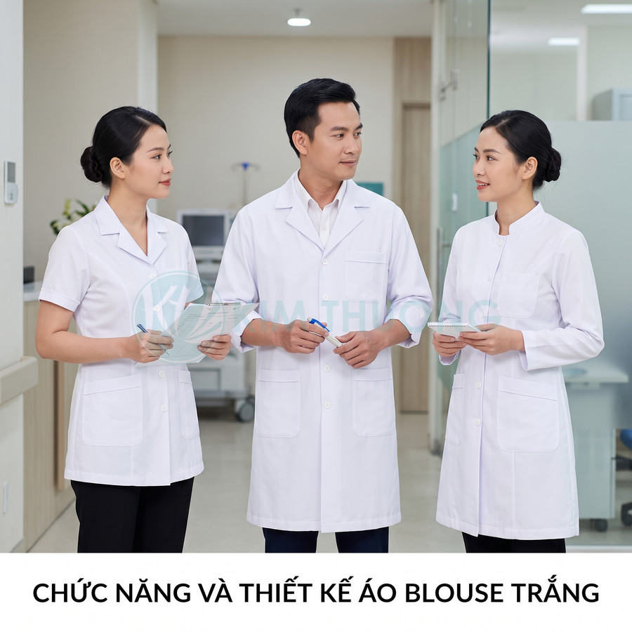 Ba nhân viên y tế mặc áo blouse trắng đang trao đổi công việc trong bệnh viện