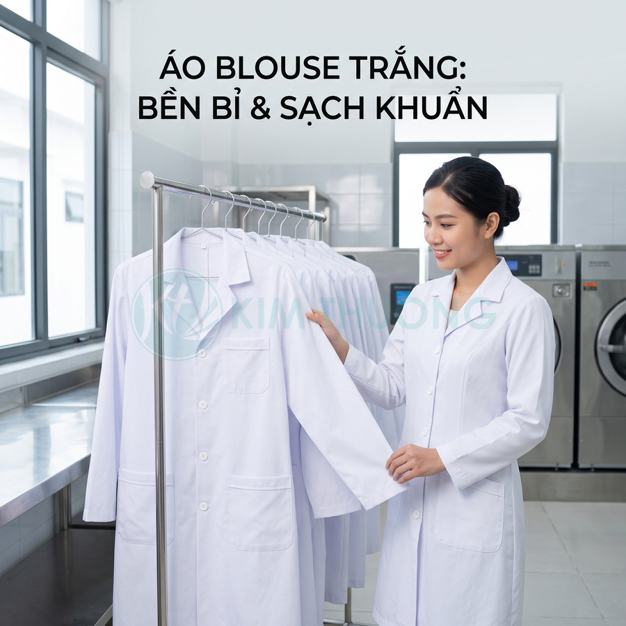 Nhân viên y tế mặc áo blouse trắng kiểm tra dãy áo blouse trắng treo trên giá trong phòng giặt sạch