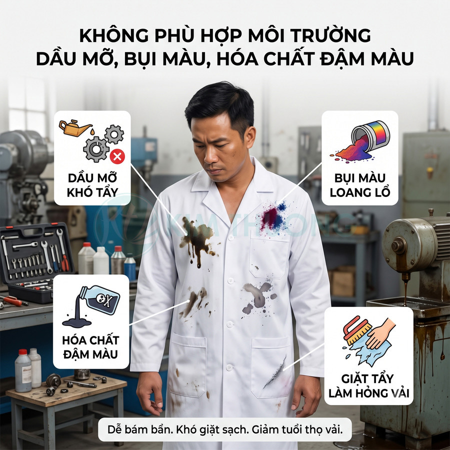 Áo blouse trắng dính dầu mỡ, bụi màu và hóa chất đậm màu trong xưởng cơ khí, khó giặt sạch