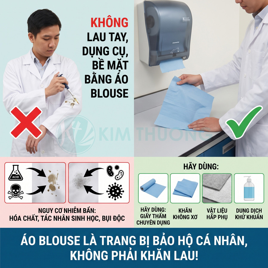 Nhân viên phòng thí nghiệm dùng khăn chuyên dụng thay áo blouse để lau bề mặt, tránh nhiễm bẩn hóa chất và vi sinh vật.