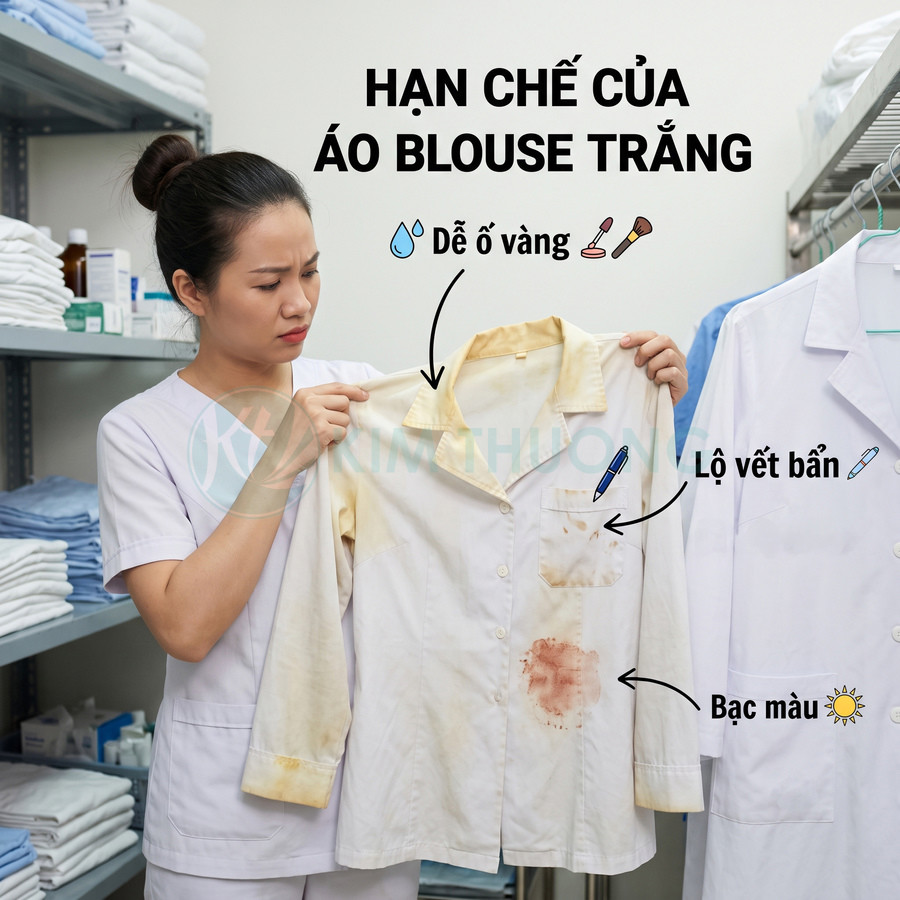 Nhân viên y tế cầm áo blouse trắng bị ố vàng và dính nhiều vết bẩn so với áo mới sạch bên cạnh