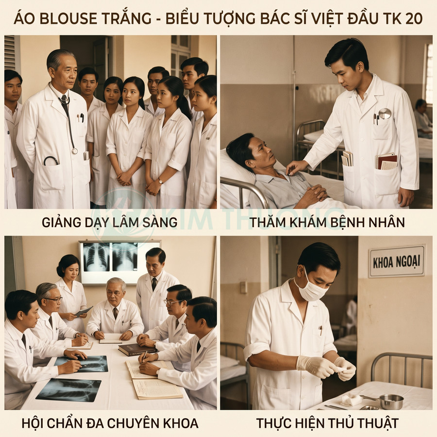 Bác sĩ Việt Nam đầu thế kỷ 20 mặc áo blouse trắng giảng dạy, khám bệnh, hội chẩn và thực hiện thủ thuật trong bệnh viện