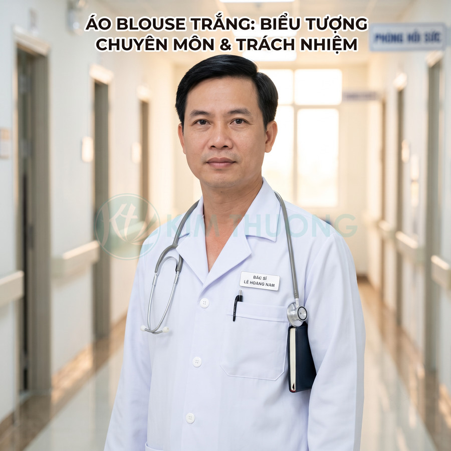 Bác sĩ mặc áo blouse trắng với ống nghe trên vai đứng trong hành lang bệnh viện