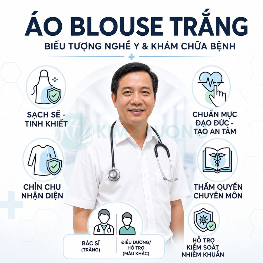 Bác sĩ mặc áo blouse trắng đeo ống nghe, minh họa ý nghĩa áo blouse trong ngành y và khám chữa bệnh