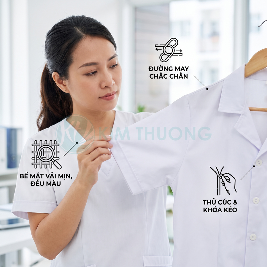 Áo blouse trắng với bề mặt vải mịn đều màu, đường may chắc chắn và hàng cúc phía trước, được kiểm tra chất lượng kỹ lưỡng