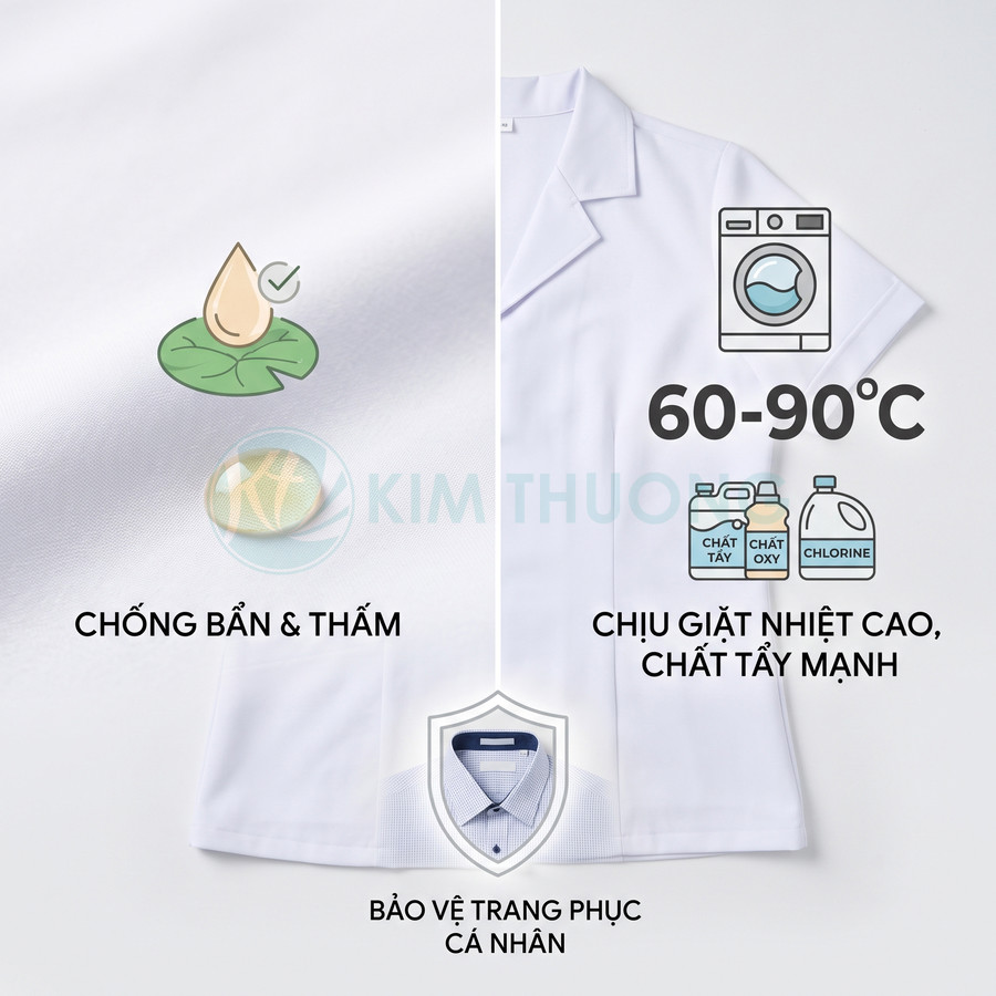 Áo blouse trắng chống bám thấm, chịu giặt nhiệt cao với chất tẩy mạnh, bảo vệ trang phục bên trong