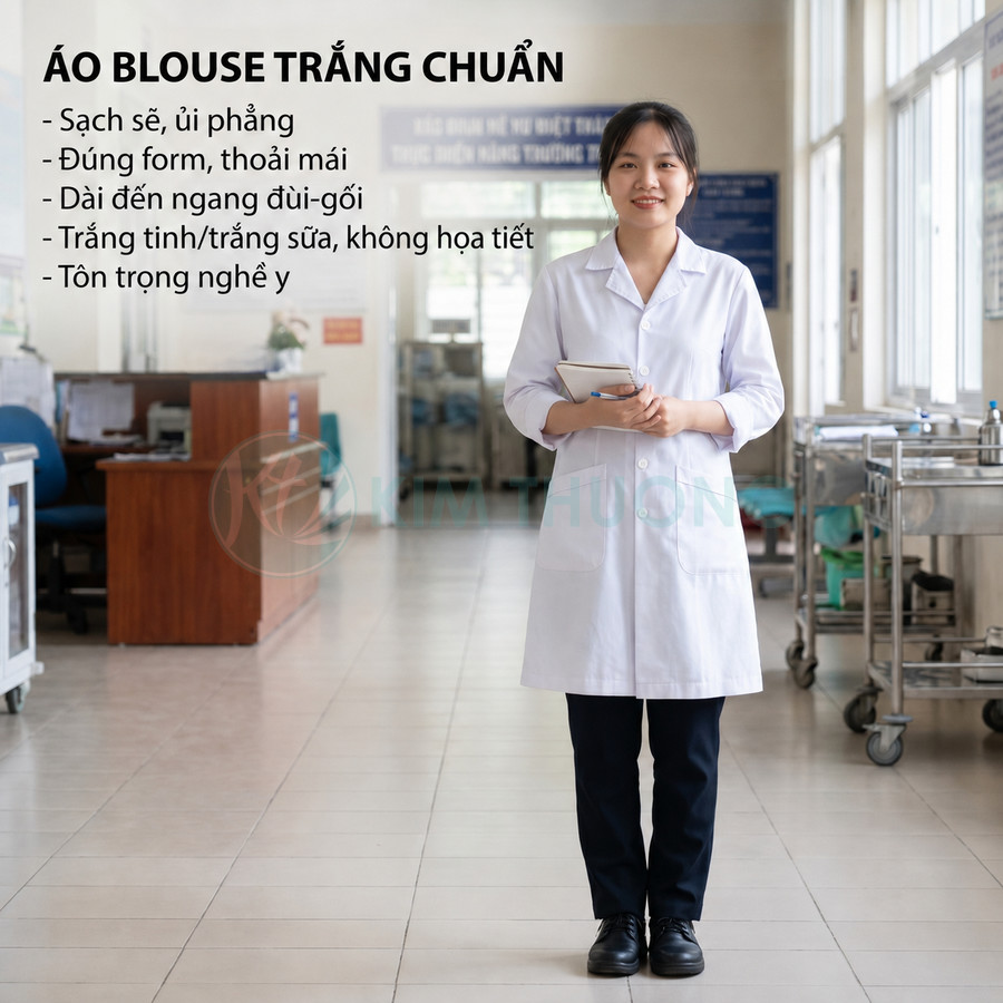 Nữ nhân viên y tế mặc áo blouse trắng dài chuẩn form đứng trong hành lang bệnh viện