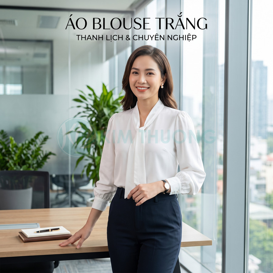 Áo blouse trắng công sở tay dài cho nữ, phối quần tây đen trong văn phòng hiện đại
