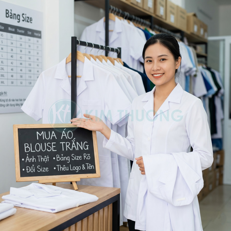Nhân viên nữ mặc áo blouse trắng giới thiệu kệ treo áo blouse trắng trong cửa hàng Kim Thương