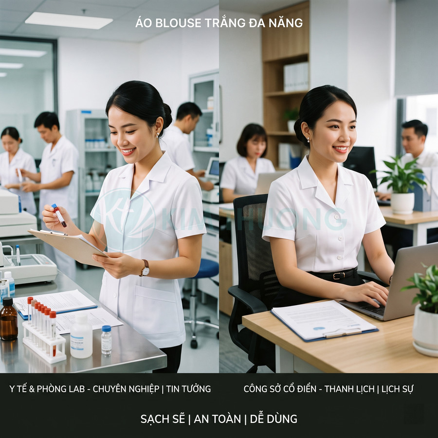 Áo blouse trắng đa năng cho nhân viên y tế và văn phòng, thiết kế cổ bẻ thanh lịch, chất liệu sạch sẽ an toàn