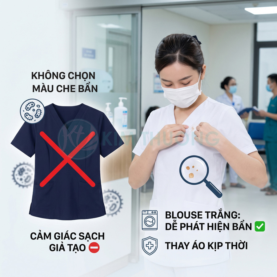 Nữ nhân viên y tế mặc blouse trắng kiểm tra vết bẩn trên áo, so sánh với áo điều dưỡng màu tối bị gạch chéo