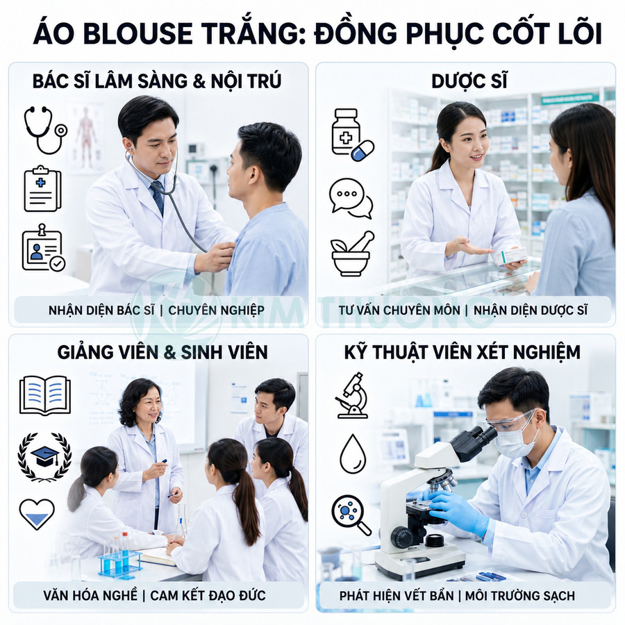 Áo blouse trắng đồng phục y tế cho bác sĩ dược sĩ giảng viên sinh viên và kỹ thuật viên xét nghiệm