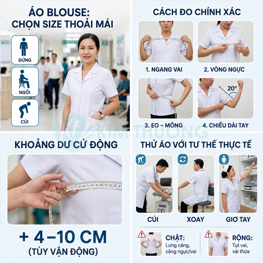 Hướng dẫn chọn size và đo áo blouse y tế trắng cho nhân viên bệnh viện