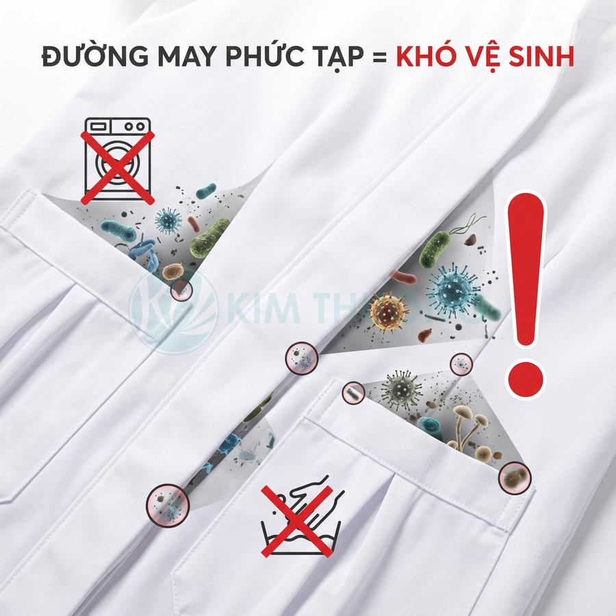 Áo blouse trắng đường may phức tạp, nhiều vi khuẩn bám bẩn khó vệ sinh