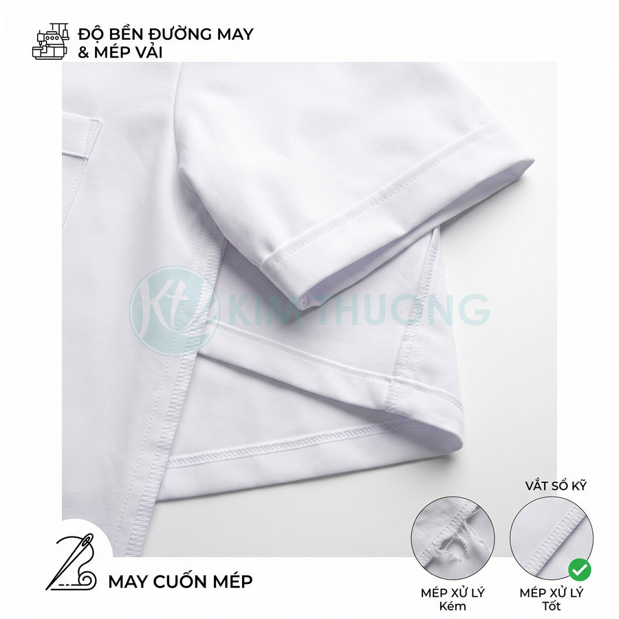 Chi tiết đường may cuốn mép áo thun trắng, mép vải xử lý kỹ chắc chắn và gọn gàng
