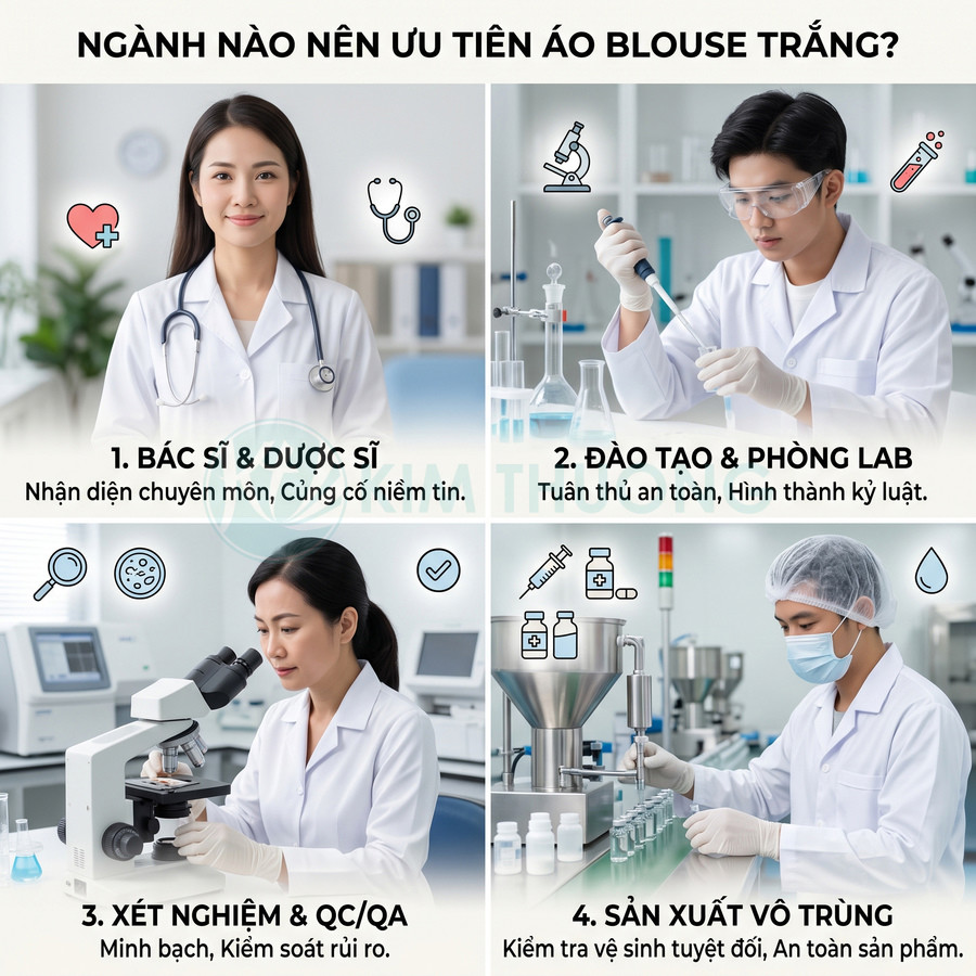 Các ngành bác sĩ, dược sĩ, xét nghiệm, phòng lab và sản xuất vô trùng sử dụng áo blouse trắng