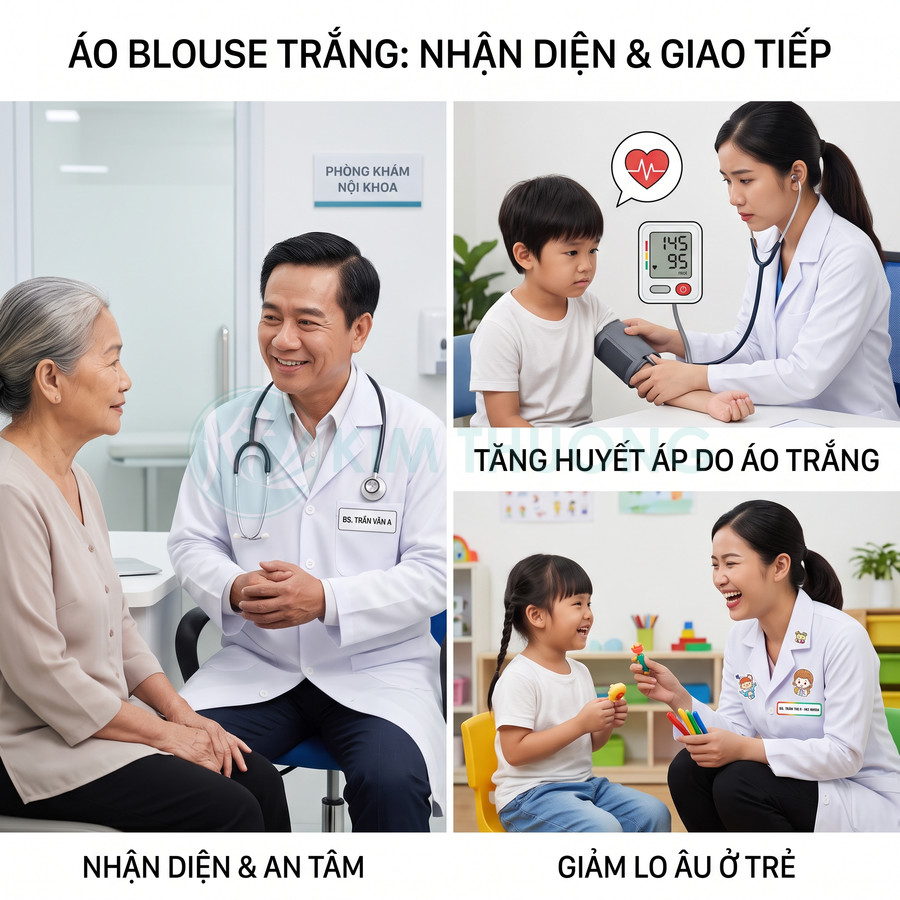 Bác sĩ mặc áo blouse trắng khám và trò chuyện với người già và trẻ em trong phòng khám, tạo cảm giác an tâm