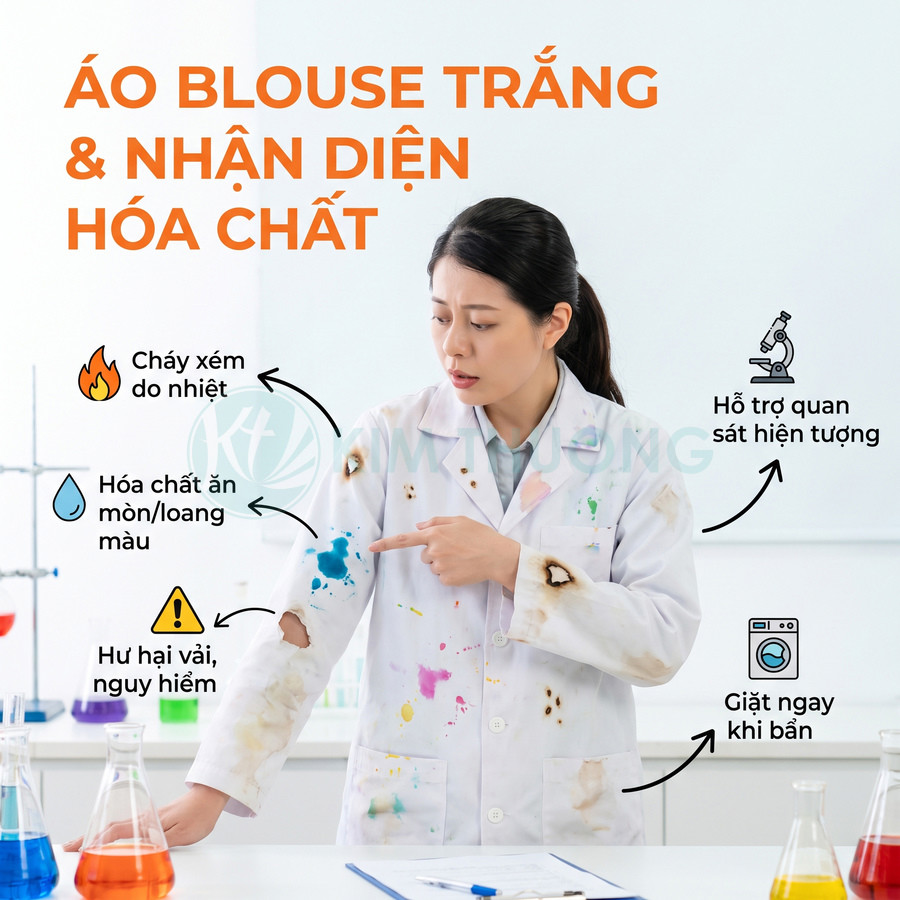 Nhân viên phòng thí nghiệm mặc áo blouse trắng bị dính hóa chất và cháy xém, minh họa cách nhận diện vết bẩn trên áo