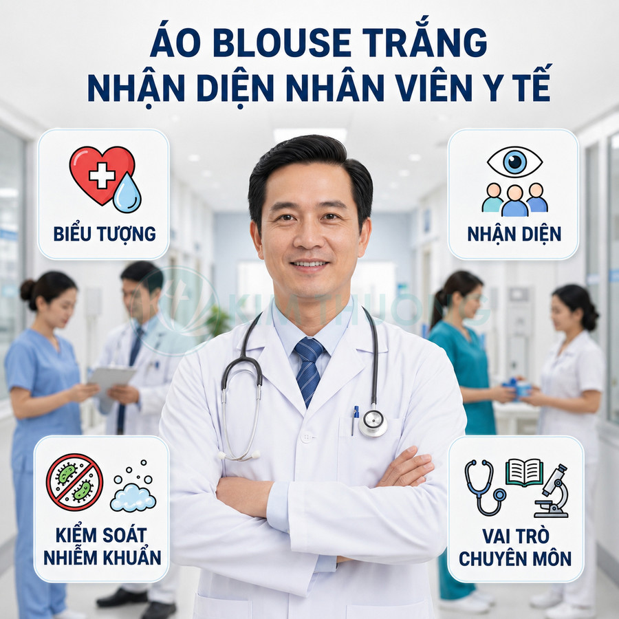 Bác sĩ mặc áo blouse trắng đeo ống nghe đứng trong bệnh viện, thể hiện vai trò nhận diện nhân viên y tế