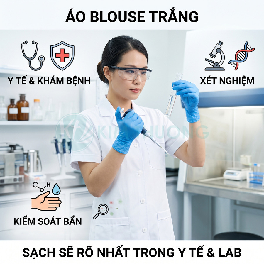 Áo blouse trắng cho nhân viên y tế và kỹ thuật viên xét nghiệm trong phòng lab sạch sẽ