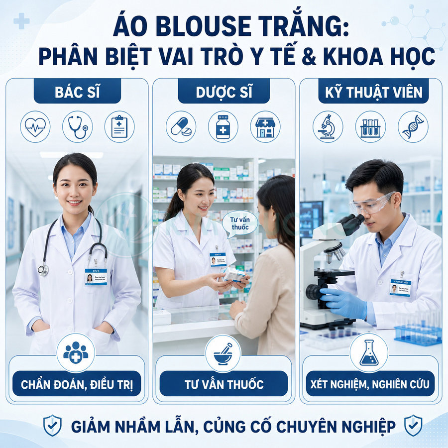 Áo blouse trắng của bác sĩ, dược sĩ và kỹ thuật viên y tế trong bệnh viện và nhà thuốc