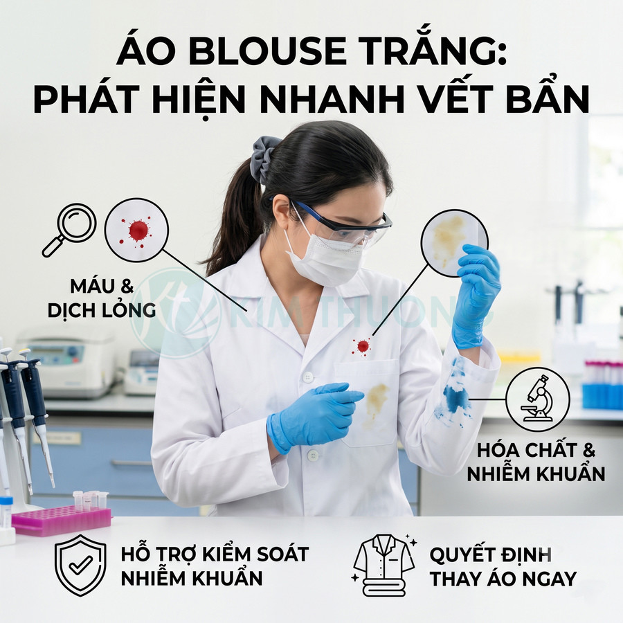 Bác sĩ mặc áo blouse trắng dính máu và hóa chất trong phòng thí nghiệm, minh họa phát hiện vết bẩn để kiểm soát nhiễm khuẩn