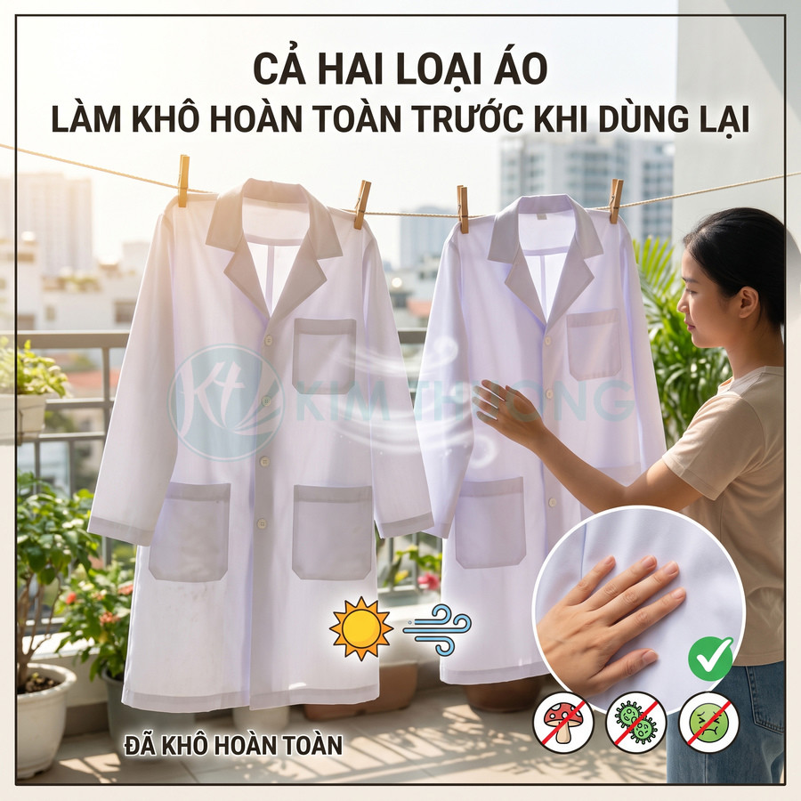 Áo blouse trắng treo phơi ngoài ban công đã khô hoàn toàn, người phụ nữ kiểm tra chất liệu vải sạch sẽ