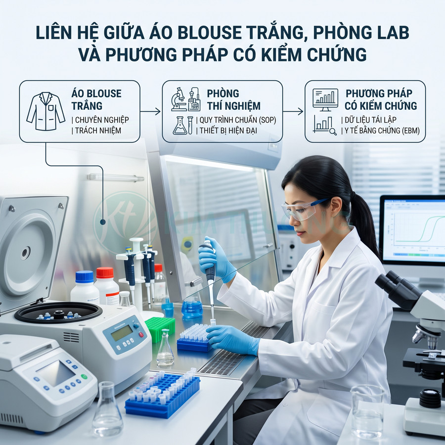 Nữ kỹ thuật viên mặc áo blouse trắng đang dùng micropipette làm xét nghiệm trong phòng thí nghiệm hiện đại