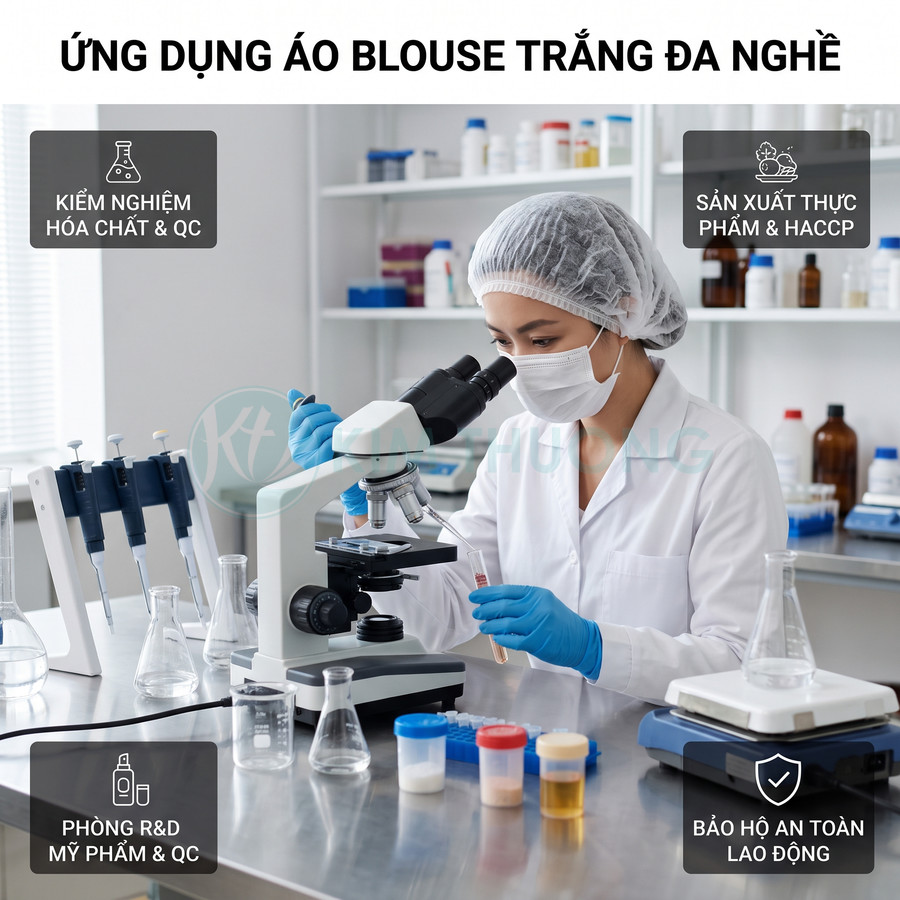 Nhân viên phòng thí nghiệm mặc áo blouse trắng và đồ bảo hộ làm việc với kính hiển vi