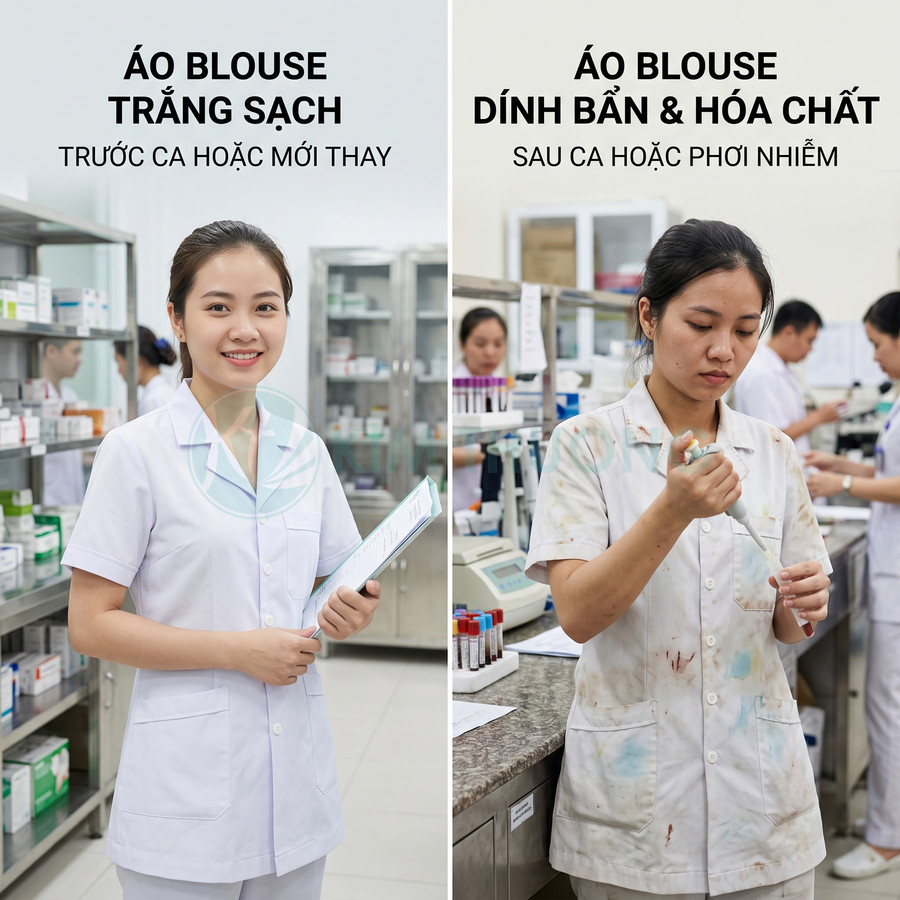 So sánh áo blouse trắng sạch và áo blouse dính bẩn hóa chất của nhân viên y tế trong phòng thí nghiệm