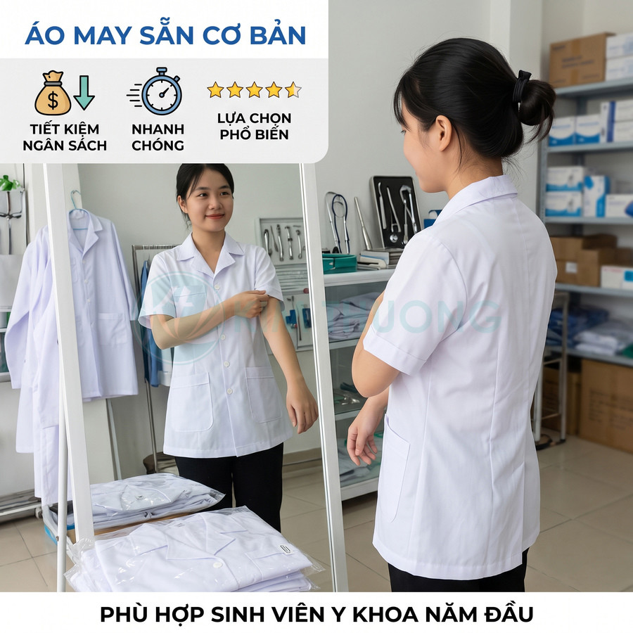 Nữ sinh viên y khoa thử áo blouse trắng tay ngắn may sẵn cơ bản trong phòng dụng cụ y tế