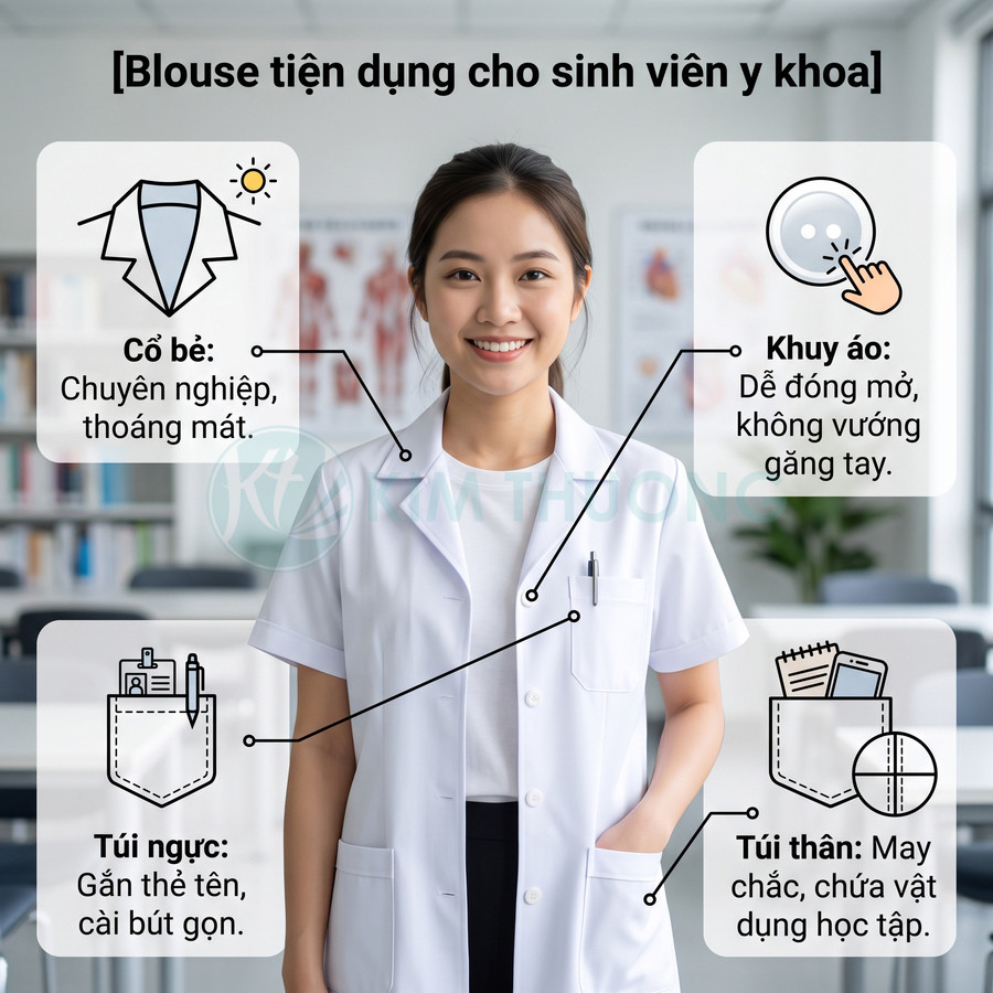 Blouse trắng cho sinh viên y khoa với cổ bẻ, cúc dễ cài và nhiều túi tiện dụng trong phòng học y dược