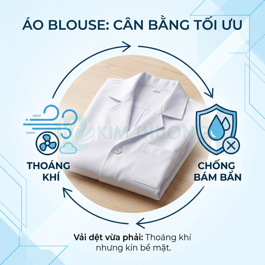 Áo blouse trắng gấp gọn trên bàn gỗ, chất vải thoáng khí và chống bám bẩn dành cho nhân viên y tế