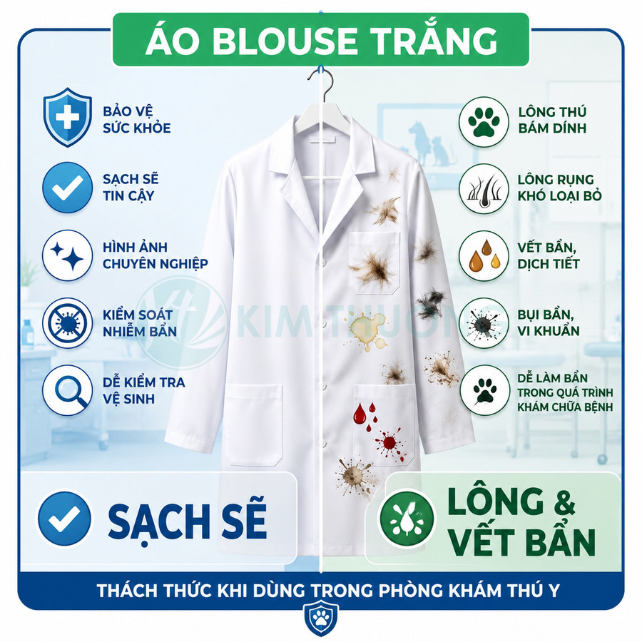 Áo blouse trắng thú y dính lông thú và nhiều vết bẩn, minh họa thách thức giữ sạch trong phòng khám