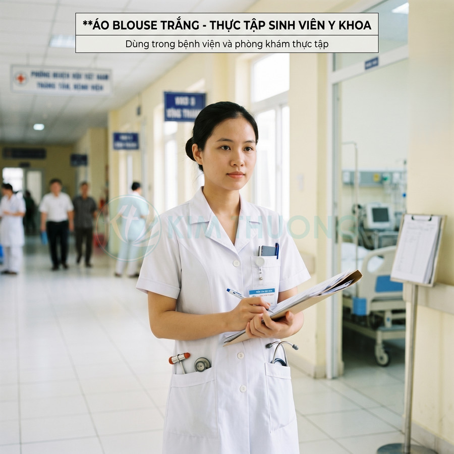 Áo blouse trắng cho thực tập sinh y khoa nữ đứng ghi chép trong hành lang bệnh viện